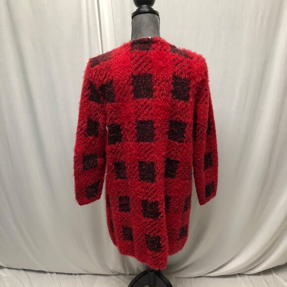 A Moon Cardigan Womens Size Large Red Black Fuzzy Open Front Pockets Sweater - Picture 3 of 7